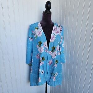 Pink Milly Size M Womens Floral Casual Wear Summer Blouse Aqua Blue 3/4 Sleeve